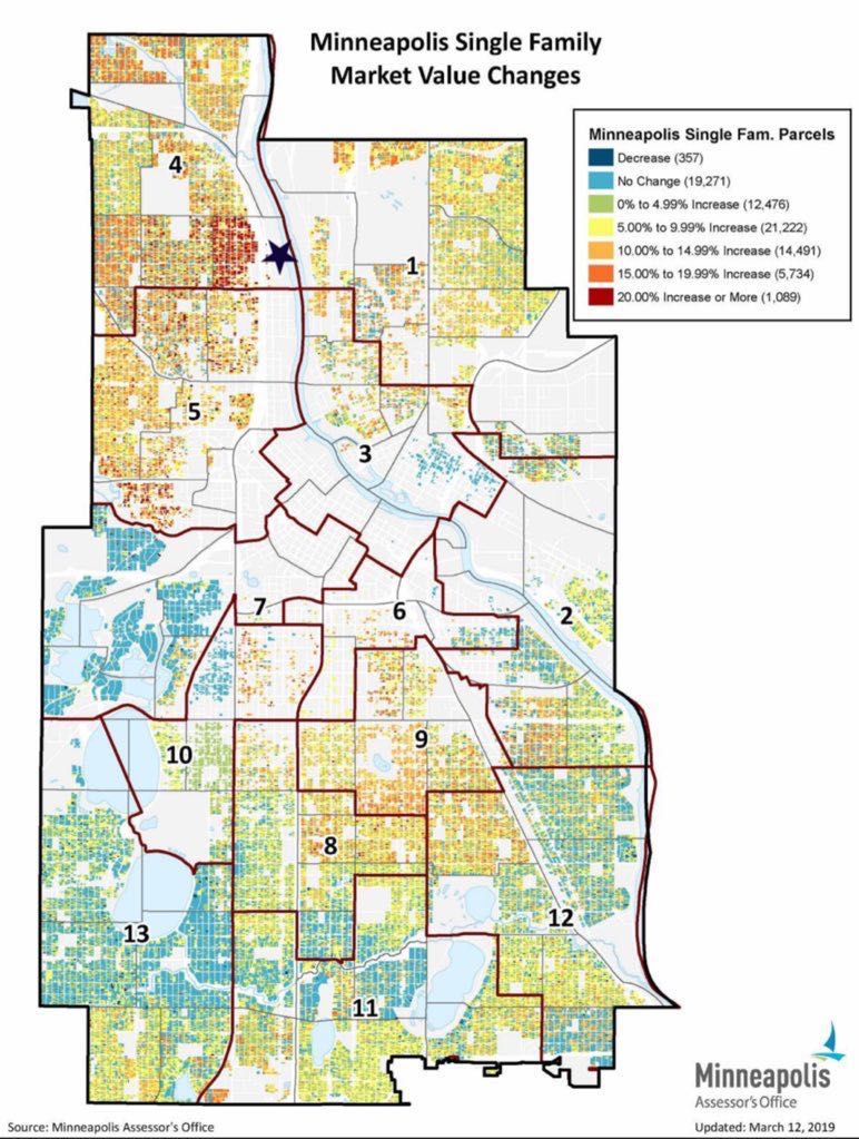 A 2019 map of Minneapolis property value increases for single-family homes shows the highest percentage increase in the city near Upper Harbor Terminal.