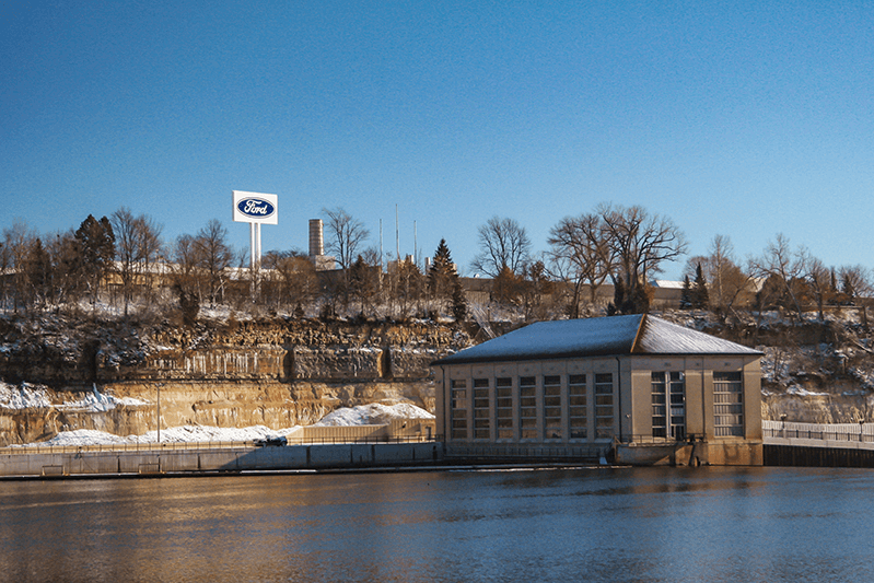 Ford plant on the river in winter, photo by Tony Webster