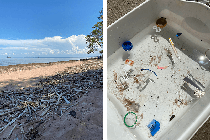 Beach and tub of plastic litter
