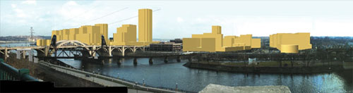 [Graphic: Edited photo showing current riverfront with Bridges proposal drawn in to scale.]