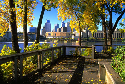 [Photo: View of downtown Minneapolis from Nicollet Island.]