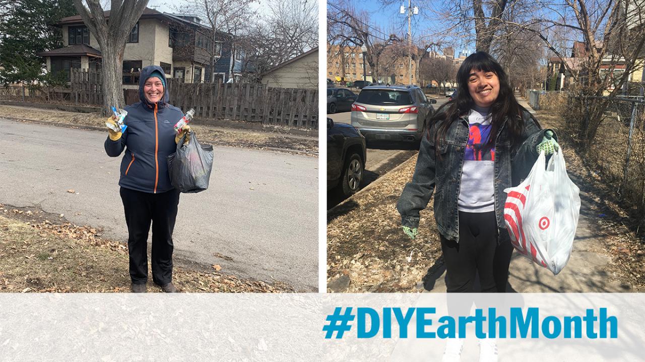 Jen and Sophie pick up trash FMR staff members Jen Hadley and Sophie Downey pose with full trash bags, each are alone on a city street
