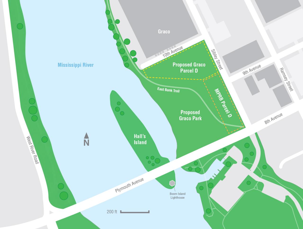 A map showing the former Scherer Brothers site and the parcel Graco may purchase from the park board. A map showing the former Scherer Brothers site and the parcel Graco may purchase from the park board.