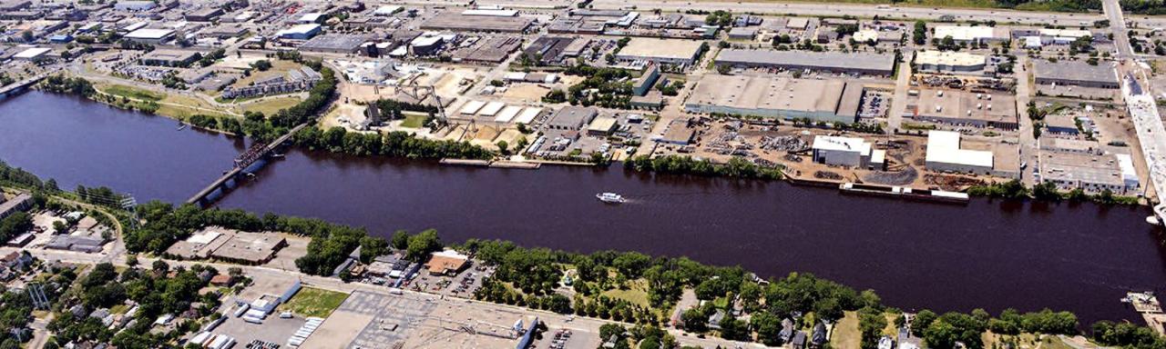 Aerial view of the Above the Falls area in north and northeast Minneapolis A little more green, please — for our waters and our riverfront communities. (Aerial view, from the north, above Saint Anthony Falls.) Courtesy City of Minneapolis