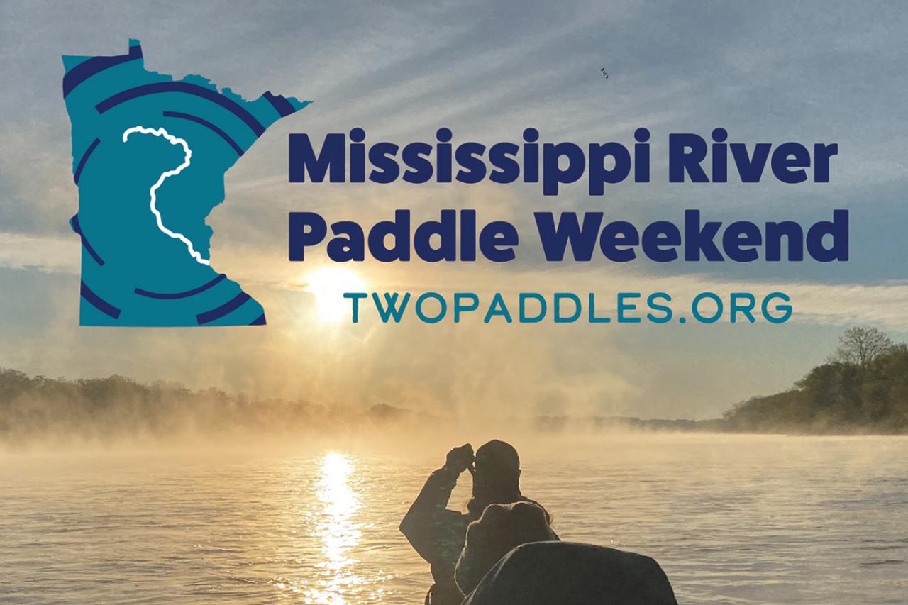 MRPW logo and river River, paddlers + logo: "Mississippi River Paddle Weekend TWOPADDLES.ORG"