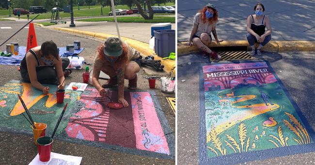 Water quality mural Artists work on mural and pose with finished mural
